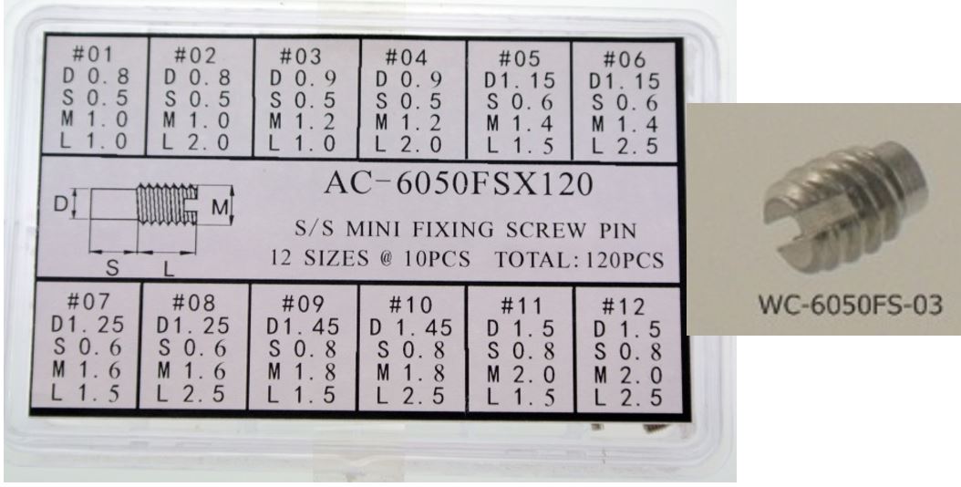 S/S MINI FIXING SCREW PIN 12 SIZES-120PCS