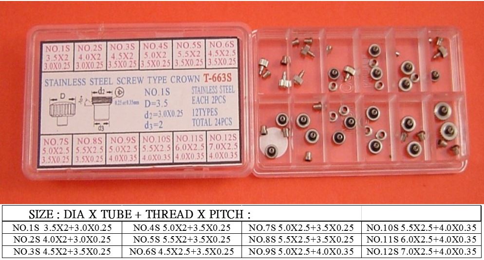 S/S SCREW TYPE CROWN W/TUBE PNP-24PCS