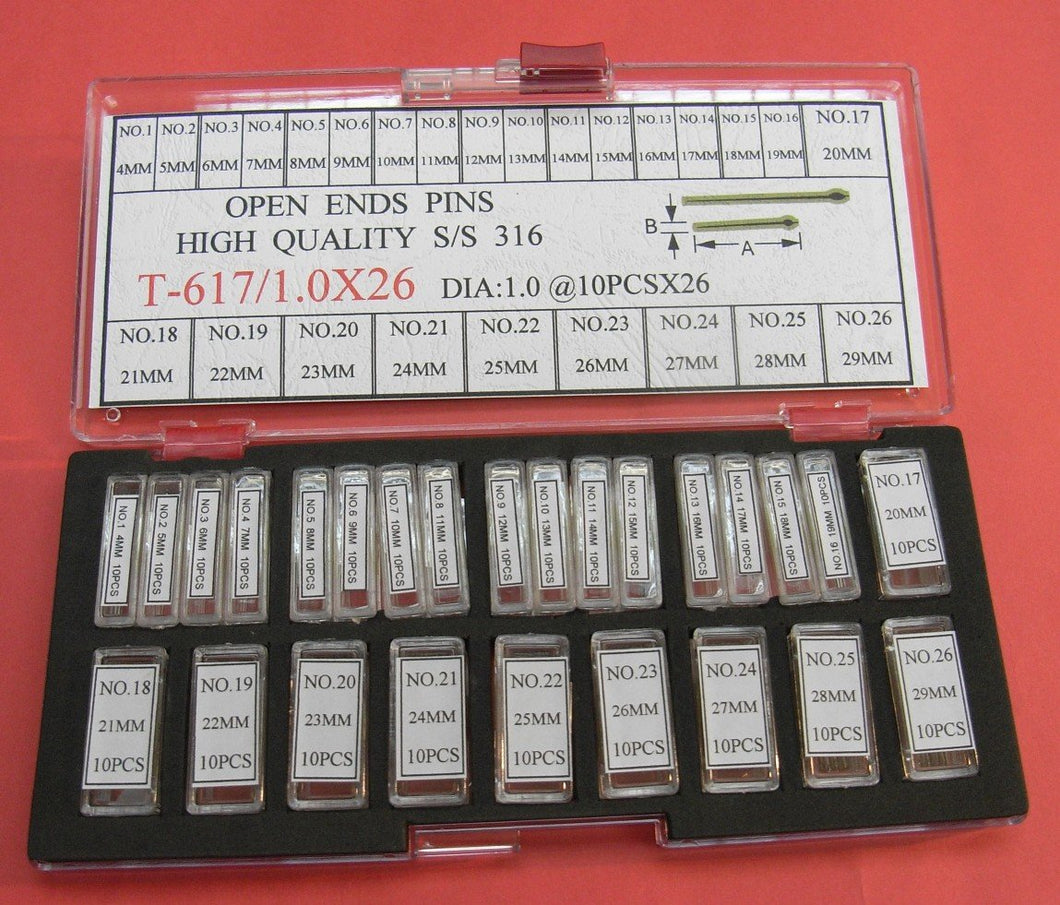 AB-617-1.0X26
S/S Open End Pin Kit Dia. 1.0-260 In Big Box