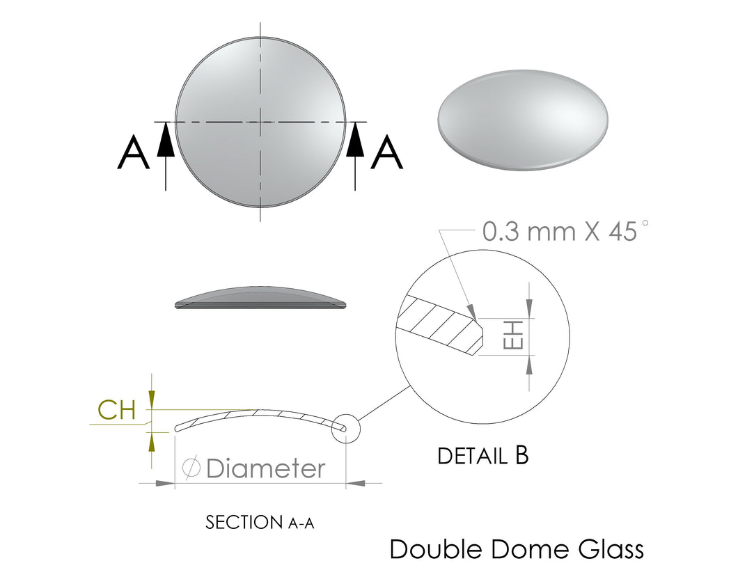 Double Dome Round Mineral Glass , 1.0 mm Thick, Center Height 3.4 mm, Edge Height 1.0 mm - 40.1 mm to 50.0 mm (MOQ: 5 PCS)