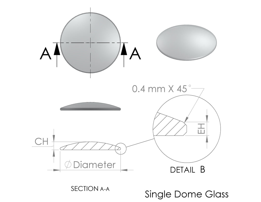 Single Dome Round Mineral Glass , Center Height 3.5 mm Edge Height 2.0 mm - 25.0 mm to 35.0 mm (MOQ: 5 PCS)